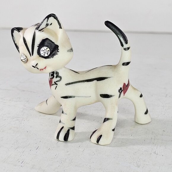 Striped Ceramic Cat Bobble Head Nodder Figurine Rhinestone Eyes Signed Numbered - Picture 7 of 9